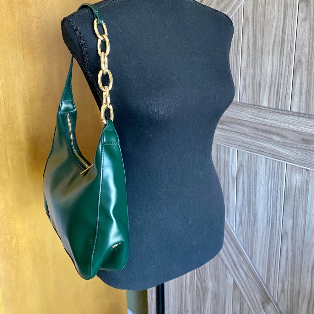 House of Want Hunter green colored shoulder bag with half gold chain links